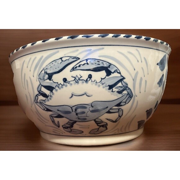 BLUE CRAB BAY CO BLUE CRAB DEEP MIXING BOWL 10” x 5” Hand Painted In Thailand - Picture 1 of 16